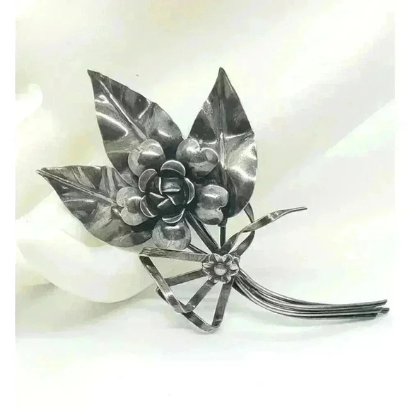 VINTAGE Rose Brooch 925 Sterling Silver 3D Dimensional Flower Pin 1940